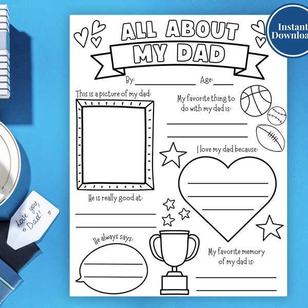 All About Dad Questionnaire | Printable Fathers Day Gift | Fathers Day Activity | Fill In The Blank Coloring Page | Dad Birthday Gift