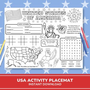 USA Activity Placemat | 4th of July Activity | Fourth of July Kids Games | Patriotic Coloring Printable | Independence Day | USA 250 Years