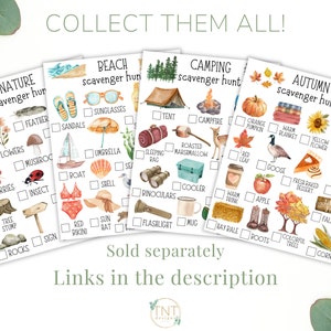 May include: Four printable scavenger hunt checklists with watercolor illustrations. The themes are Nature, Beach, Camping, and Autumn. Each checklist has a list of items to find, such as a bird, feather, flowers, and berries for the Nature checklist.