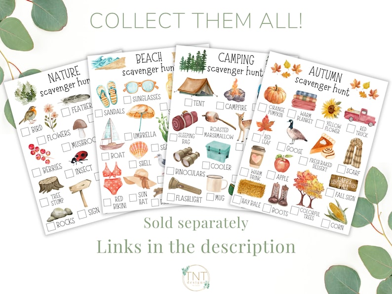 May include: Four printable scavenger hunt checklists with watercolor illustrations. The themes are Nature, Beach, Camping, and Autumn. Each checklist has a list of items to find, such as a bird, feather, flowers, and berries for the Nature checklist.