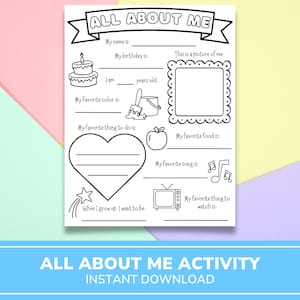 All About Me Printable | Get To Know Me | Kids Coloring Page | Classroom Activity | Printable Preschool Worksheet | First Day Of School