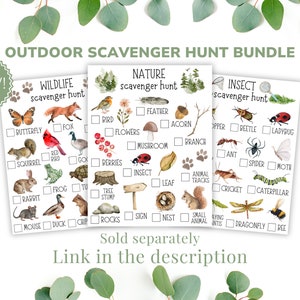 May include: Three printable scavenger hunt checklists for kids. The checklists feature illustrations of wildlife, nature, and insects. The checklists are titled "Wildlife Scavenger Hunt", "Nature Scavenger Hunt", and "Insect Scavenger Hunt".