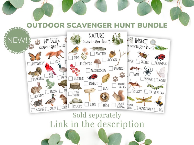 May include: Three printable scavenger hunt checklists for kids. The checklists feature illustrations of wildlife, nature, and insects. The checklists are titled "Wildlife Scavenger Hunt", "Nature Scavenger Hunt", and "Insect Scavenger Hunt".