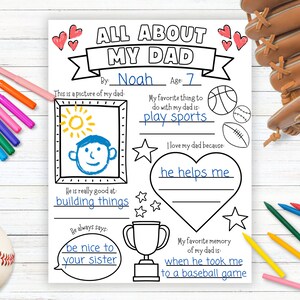 Puede incluir: Una hoja de trabajo imprimible para que los ni&ntilde;os la rellenen sobre su pap&aacute;. La hoja de trabajo tiene un espacio para dibujar una imagen de su pap&aacute;, un espacio para escribir sobre su cosa favorita para hacer con su pap&aacute; y un espacio para escribir sobre por qu&eacute; lo quieren. La hoja de trabajo tambi&eacute;n tiene un espacio para un recuerdo favorito de su pap&aacute;. La hoja de trabajo est&aacute; decorada con corazones, estrellas y gr&aacute;ficos con tem&aacute;tica de b&eacute;isbol.