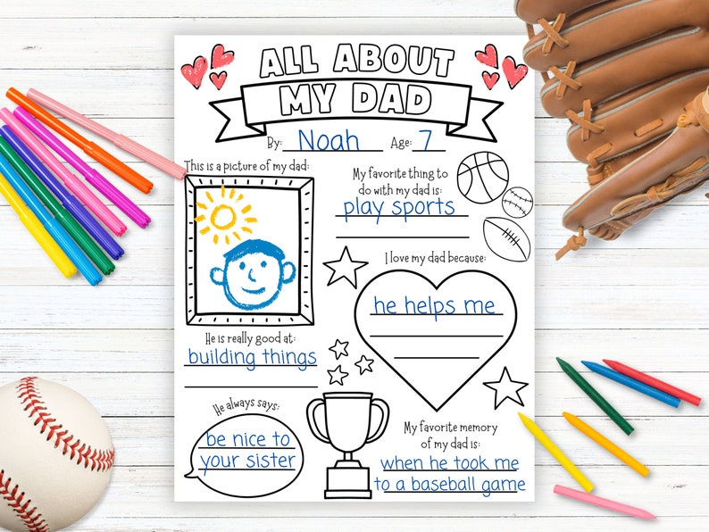 Puede incluir: Una hoja de trabajo imprimible para que los ni&ntilde;os la rellenen sobre su pap&aacute;. La hoja de trabajo tiene un espacio para dibujar una imagen de su pap&aacute;, un espacio para escribir sobre su cosa favorita para hacer con su pap&aacute; y un espacio para escribir sobre por qu&eacute; lo quieren. La hoja de trabajo tambi&eacute;n tiene un espacio para un recuerdo favorito de su pap&aacute;. La hoja de trabajo est&aacute; decorada con corazones, estrellas y gr&aacute;ficos con tem&aacute;tica de b&eacute;isbol.