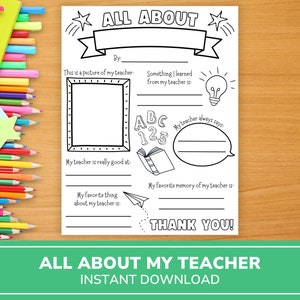 All About My Teacher | Teacher Appreciation Printable | Teacher Thank You Gift | Last Minute Gift For Teacher | Teacher Appreciation Ideas