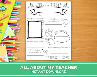 All About My Teacher | Teacher Appreciation Printable | Teacher Thank You Gift | Last Minute Gift For Teacher | Teacher Appreciation Ideas