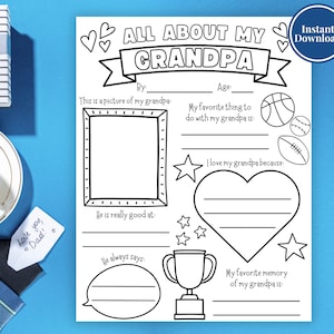 All About Grandpa Questionnaire | Printable Fathers Day Gift | Fathers Day Activity | Fill In The Blank Coloring Page | Grandpa Gift
