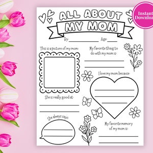 All About Mom Questionnaire | Printable Mothers Day Gift | Mothers Day Activity | Fill In The Blank Coloring Page | Mom Birthday Gift