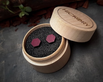 Wooden Hexagon Stud Earrings | Purpleheart | Minimalist Jewelry