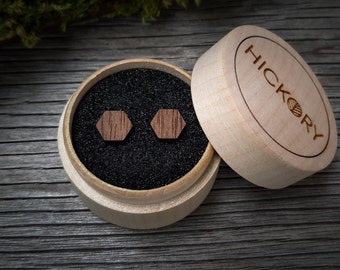 Wooden Hexagon Stud Earrings | Walnut | Minimalist Jewelry