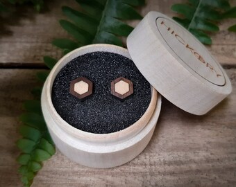 Wooden Hexagon Stud Earrings | Maple & Walnut | Minimalist Jewelry