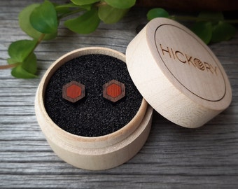 Wooden Hexagon Stud Earrings | Padauk & Walnut | Minimalist Jewelry