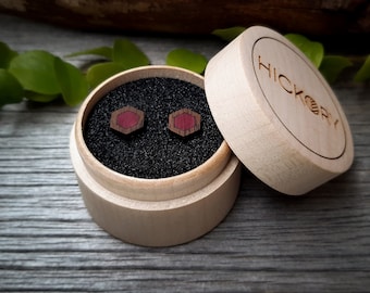 Wooden Hexagon Stud Earrings | Purpleheart & Walnut | Minimalist Jewelry