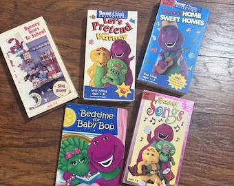 Vintage 90s Barney & Friends Bundle  4 VHS Tapes  1 Board Book  Let's Pretend, Barney Songs, Barney Goes to School Nostalgic Kids Media