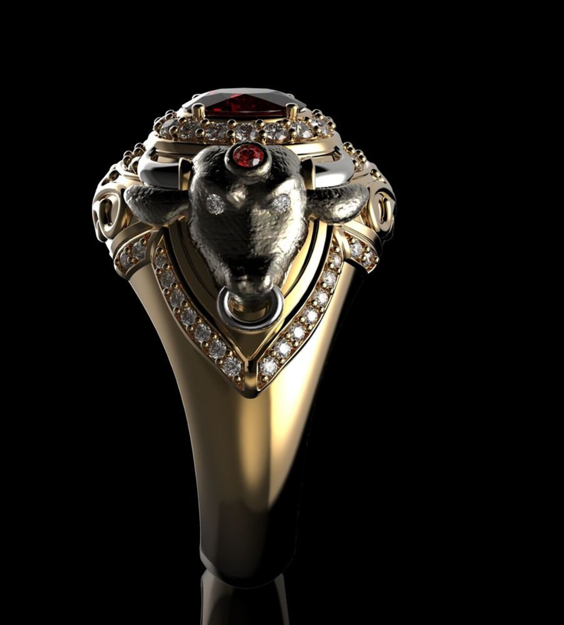 14k Gold Over Bull Ring Bull Diamond Ring Animal Bull Ring Etsy