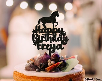 Horse Personalised Happy Birthday Name Acrylic Plastic Cake Topper - Reusable And Customised - 20 Colour Options Glitter Mirror - Food Safe