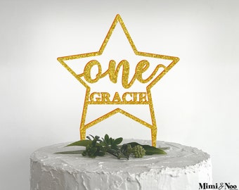 Personalised One 1 Name Star Acrylic Plastic Cake Topper - Reusable Customised - 20 Colour Options Glitter Mirror - Food Safe Birthday Party