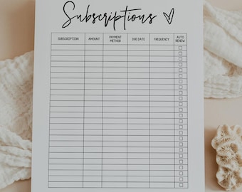 Subscription Tracker, Budget, Renewal, Bill, Expense, Payment, Reminder, Plan, Account, Service, Due Date, Letter, A4, A5, Classic Happy