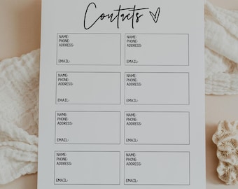 Contacts List Template, Phone & Email Directory, Address Book, Emergency Info Log, Personal Organizer Sheet, Letter, A4, A5, Classic Happy