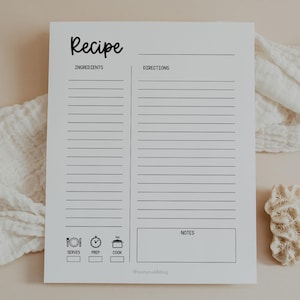 Recipe Page, Meal Planner, Cooking Journal, Kitchen Organizer, Food Tracker, Menu Planner, Food Template, Letter, A4, A5, Printable