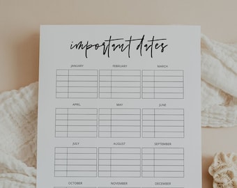 Yearly Important Dates Tracker, Birthday, Anniversary, Party, Travel, Appointment, Planner, Track, Journal, Printable, PDF, PNG