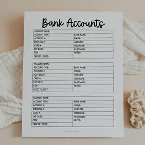 Bank Account Tracker, Bank Account Log, Bank Accounts Information, Bank Details, Finance, Savings, Income, Letter, A4, A5, Printable