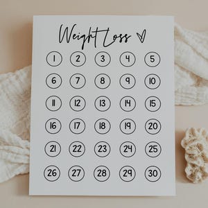 May include: A white card with the handwritten text "Weight Loss" and a heart symbol. The card features 30 numbered circles for tracking progress. A decorative coral and fabric are in the background.