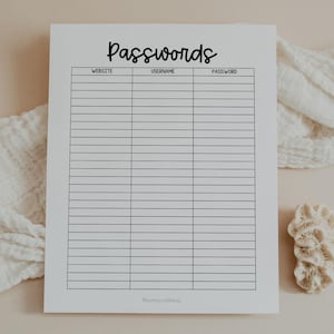 Password Tracker, Login Info Organizer, Account Details Log, Internet Security Sheet, Safe Access Record, Letter, A4, A5, Printable