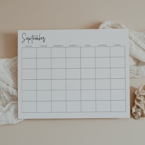 Calendario mensual en blanco, sencillo, minimalista, de pared, de escritorio, imprimible, PDF, tamaño carta (EE. UU.), A4