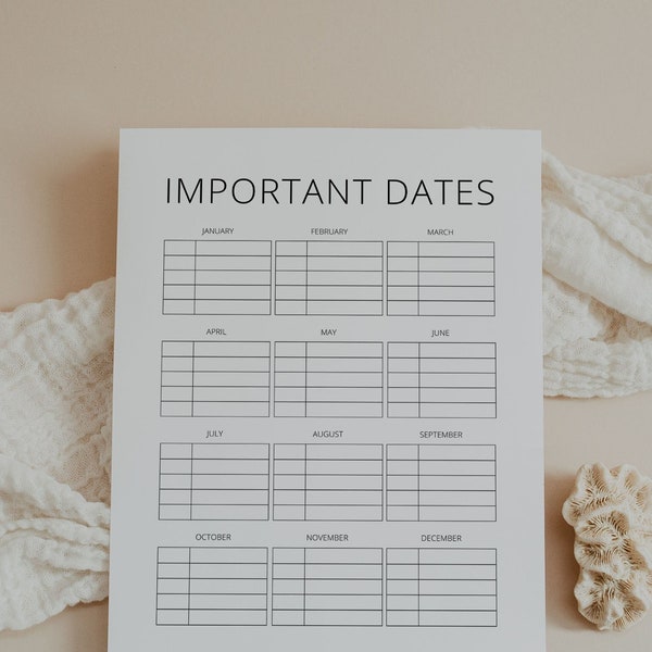 Yearly Important Dates Tracker, Birthday, Anniversary, Party, Travel, Appointment, Planner, Track, Journal, Printable, PDF, US Letter, A4