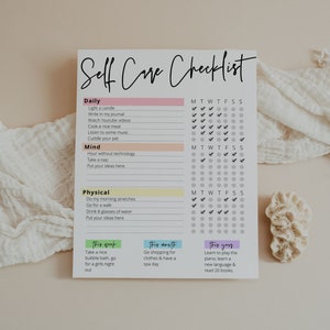 Self Care Checklist Template, Wellness Journal Tracker Planner, Mental Health, Digital Download, Colorful, 8.5x11, Printable Editable