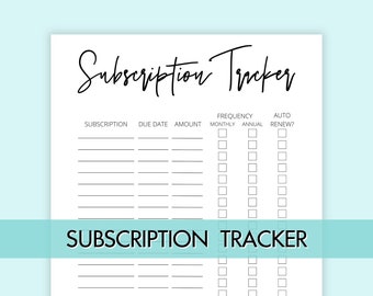 Printable Subscription Tracker, Subscription Log, Expense Tracker, Membership Tracking, Monthly Subscription Checklist, Planner, Account