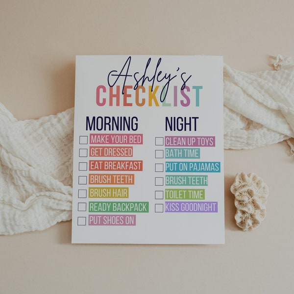 Kids Chore Chart Template, Morning Bedtime Nighttime Checklist, Kid Routine Chart, Responsibility, Download, Rainbow, Printable Editable