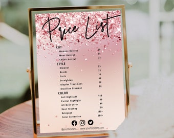 PRINTABLE EDITABLE Price List Template | Small Business Price List | Price Sheet | Pricing List | Download | Pink Glitter Glam | 5x7 & 8x10