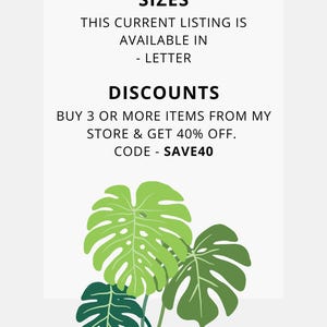 May include: A digital art print featuring a potted Monstera plant with large, green, split leaves. The image includes text about sizes and discounts, with the code SAVE40.