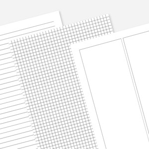 May include: A stack of white paper sheets with different grid and line patterns. One sheet has a to-do list format, another has a grid, and the third has two vertical columns. The papers are for planning and organization.