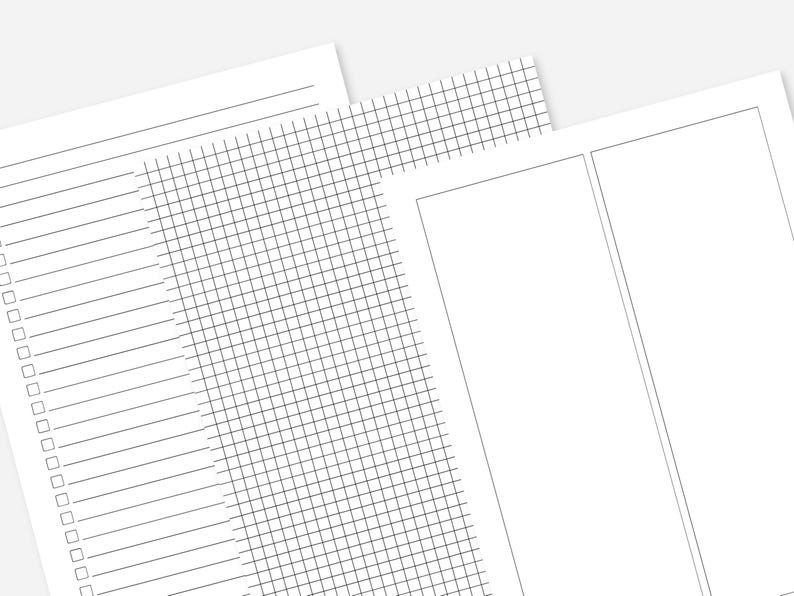 May include: A stack of white paper sheets with different grid and line patterns. One sheet has a to-do list format, another has a grid, and the third has two vertical columns. The papers are for planning and organization.