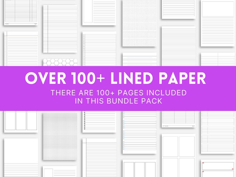 May include: A collection of various lined paper designs, including graph, dotted, and ruled pages. The image features a purple banner with the text "OVER 100+ LINED PAPER" and "THERE ARE 100+ PAGES INCLUDED IN THIS BUNDLE PACK".