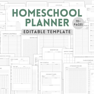 Puede incluir: Una colección de plantillas de papel blanco para un planificador de educación en casa, con texto y líneas de cuadrícula en negro. El título principal dice HOMESCHOOL PLANNER EDITABLE TEMPLATE con una insignia circular que indica 70+ PAGES.