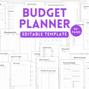 Puede incluir: Una colección de hojas de papel blancas con una plantilla editable de planificador de presupuesto. El texto BUDGET PLANNER y EDITABLE TEMPLATE está impreso en morado. Un círculo morado contiene el texto 40+ PAGES. Varios formularios financieros.