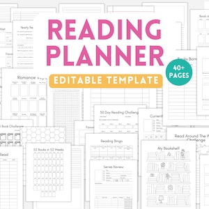 May include: A collection of white paper sheets featuring a Reading Planner editable template with 40+ pages. The documents include various layouts such as book reviews, reading challenges, bookshelves, and wishlists with black text and lines.