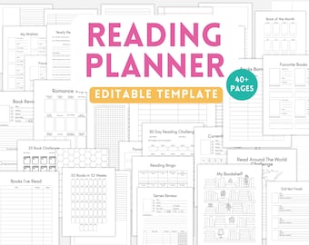 Reading Planner Template, Books, Book, Literature, Library, Log, Pages, Journal, Challenge, Tracker, Bundle, Printable, Editable