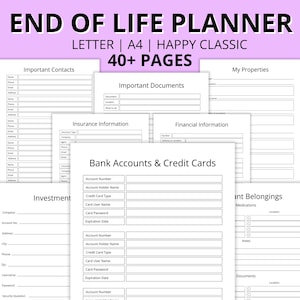 Paquete de planificador de fin de vida, en caso de emergencia, planificador de funerales, planificador de muertes, últimos deseos, testamento, documentos importantes, imprimible