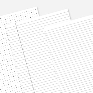 May include: Three sheets of white paper with different patterns. One sheet has a dot grid, another has horizontal lines, and the third has vertical lines with a margin line. The papers are arranged at an angle, overlapping slightly.
