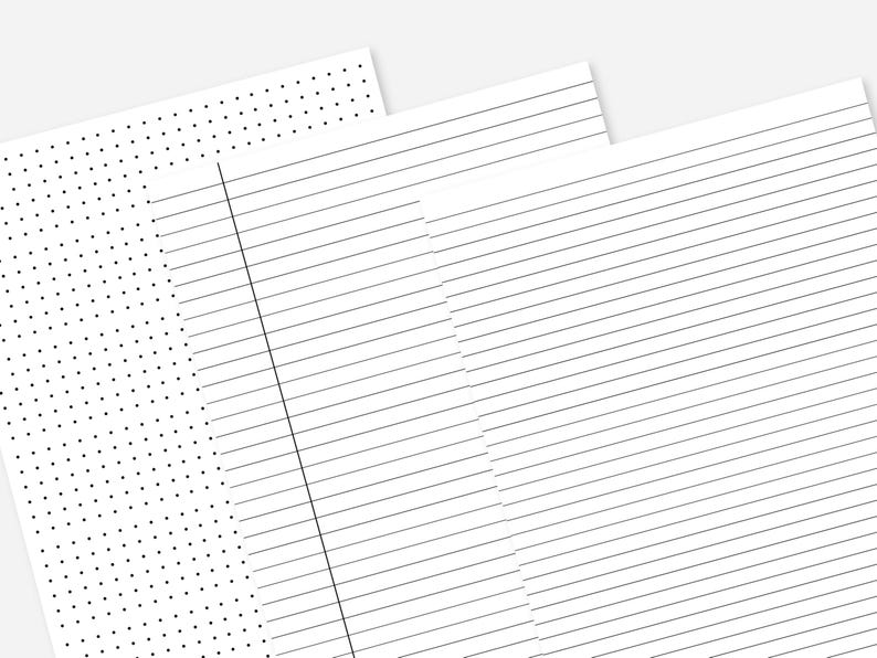 May include: Three sheets of white paper with different patterns. One sheet has a dot grid, another has horizontal lines, and the third has vertical lines with a margin line. The papers are arranged at an angle, overlapping slightly.