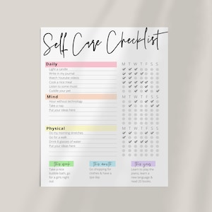 Self Care Checklist Template, Wellness Journal Tracker Planner, Mental ...