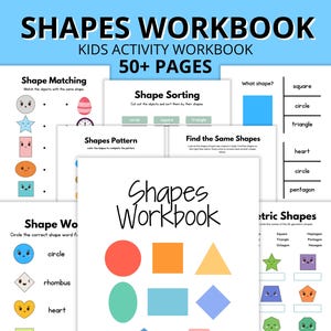 Può includere: Un quaderno di lavoro per bambini per imparare le forme. La copertina presenta un'illustrazione colorata di diverse forme con il titolo "Shapes Workbook" e "Kids Activity Workbook". Il testo "50+ Pages" è anche incluso.