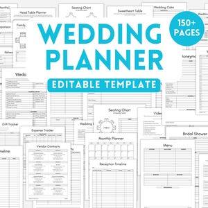 May include: A collection of printable wedding planning templates. The title "WEDDING PLANNER" is in large, turquoise letters. The words "EDITABLE TEMPLATE" are below the title. The image includes pages for various wedding planning tasks, such as seating charts and timelines.
