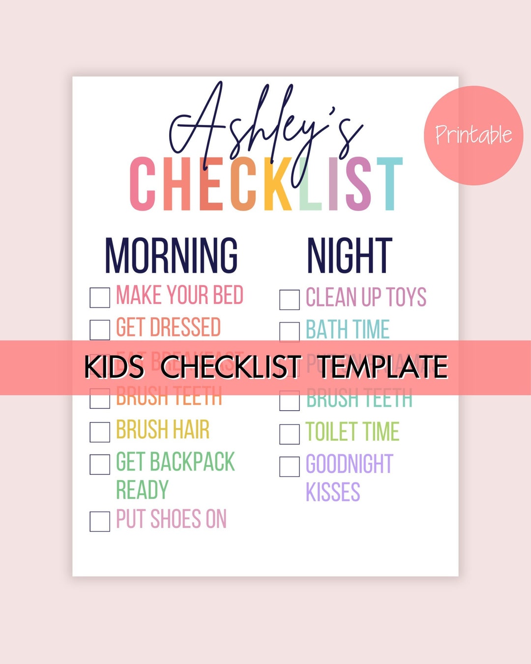 Kids Checklist Template, Morning Bedtime Nighttime Checklist, Chore Chart, Kid Routine Chart ...